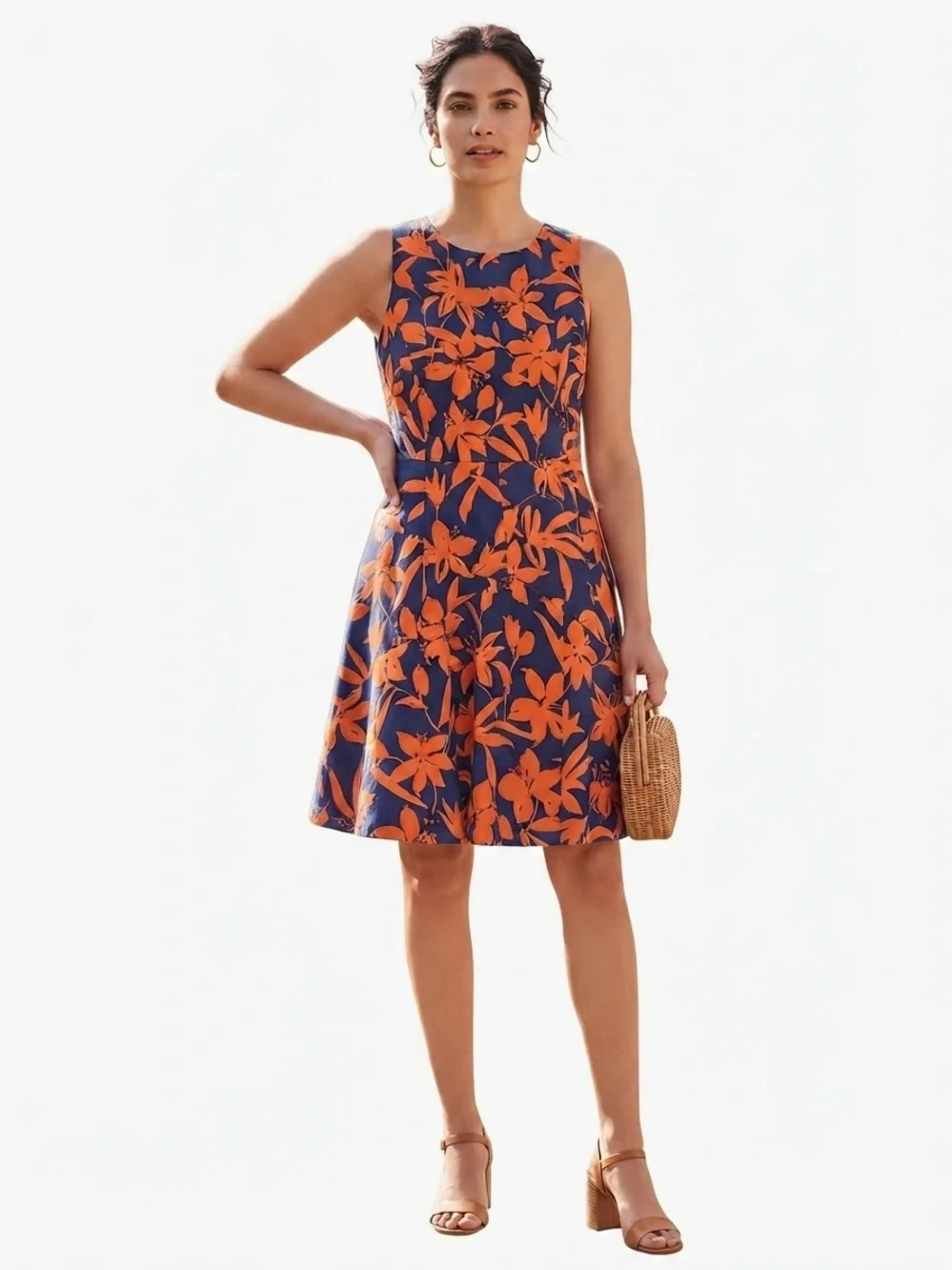J.Crew Navy Blue & Orange Floral Sleeveless A-Line Dress Size 14